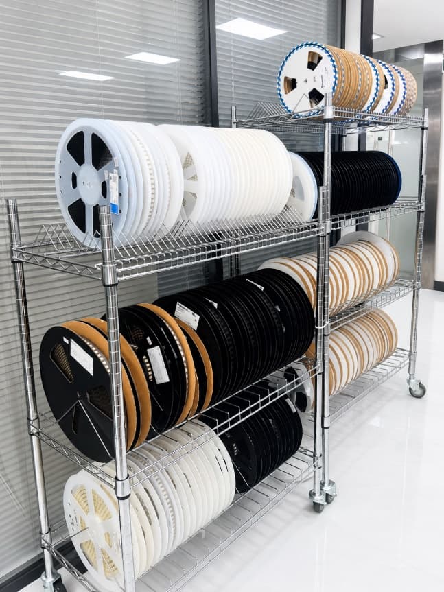 Tape-and-reel components on handling racks