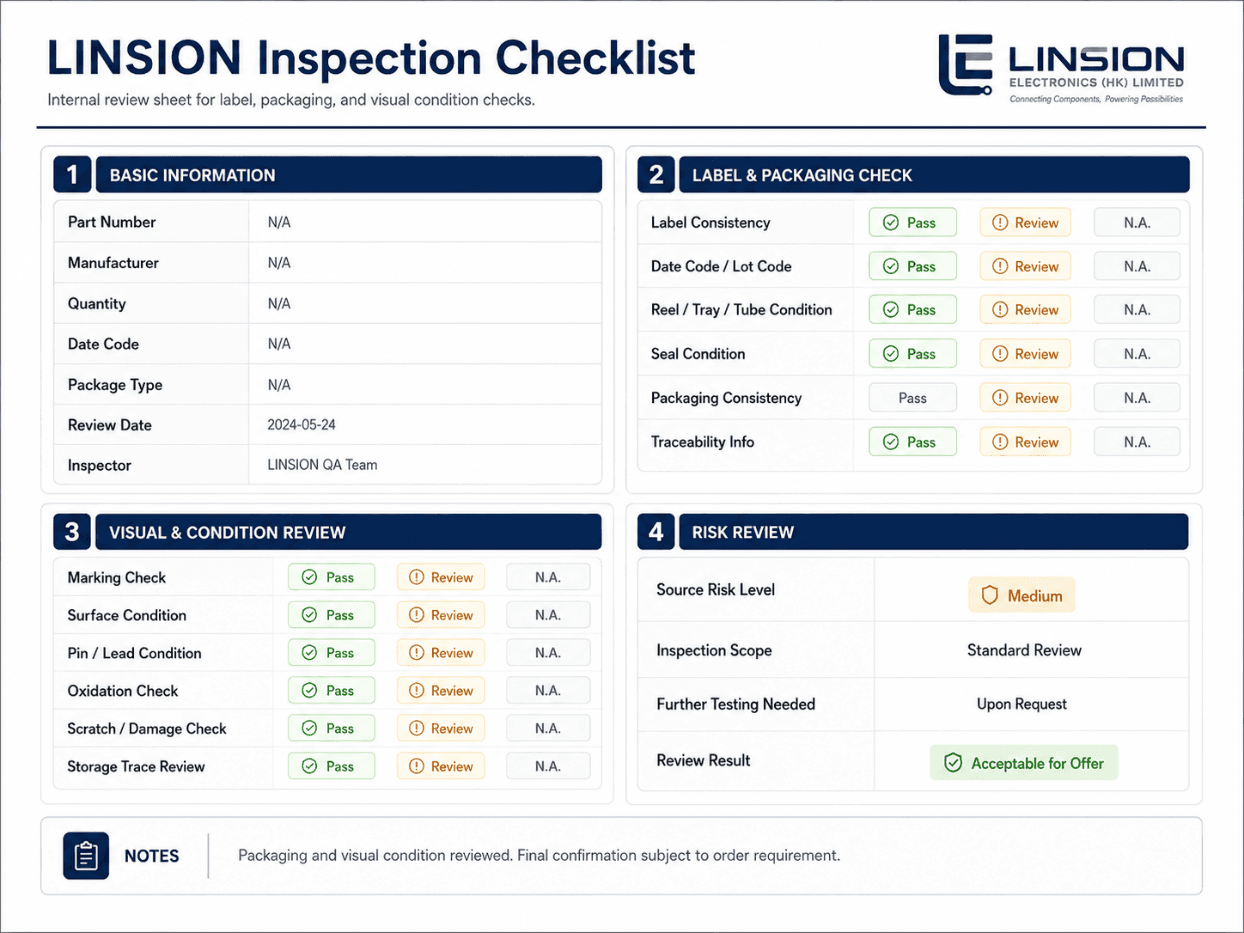 LINSION inspection checklist shared across label, packaging, visual and condition review