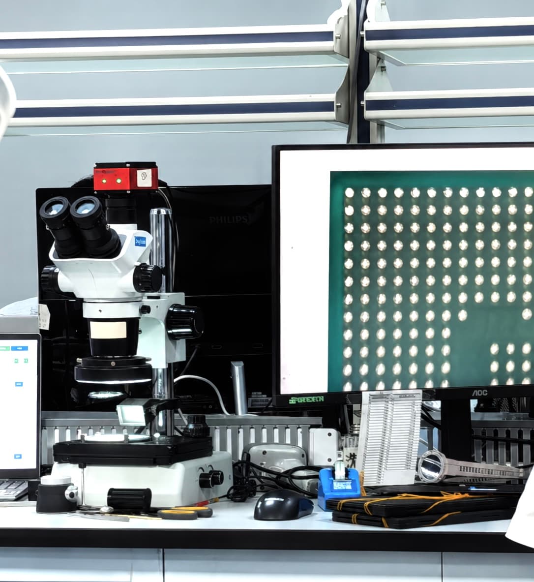 LINSION inspection bench with a stereo microscope and AOI screen