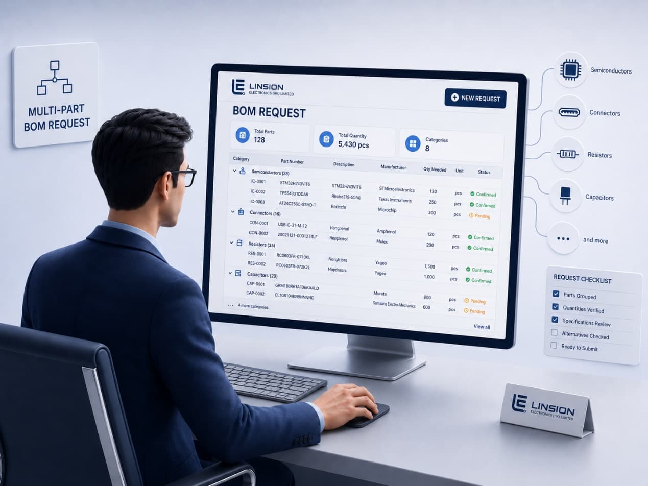 LINSION multi-part BOM request dashboard listing parts, quantities, and status.