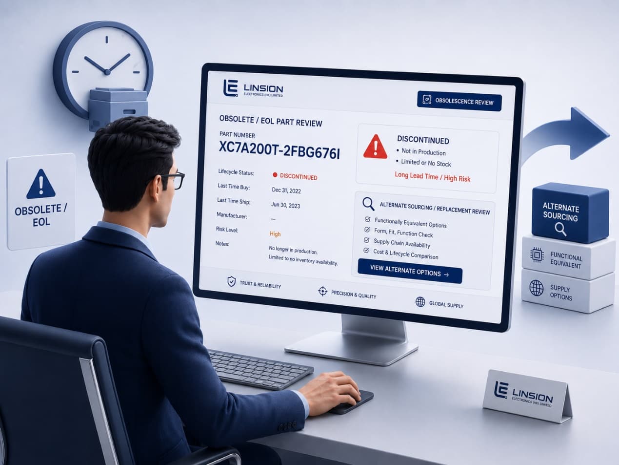 LINSION obsolete and EOL part review screen with lifecycle status and alternate sourcing.