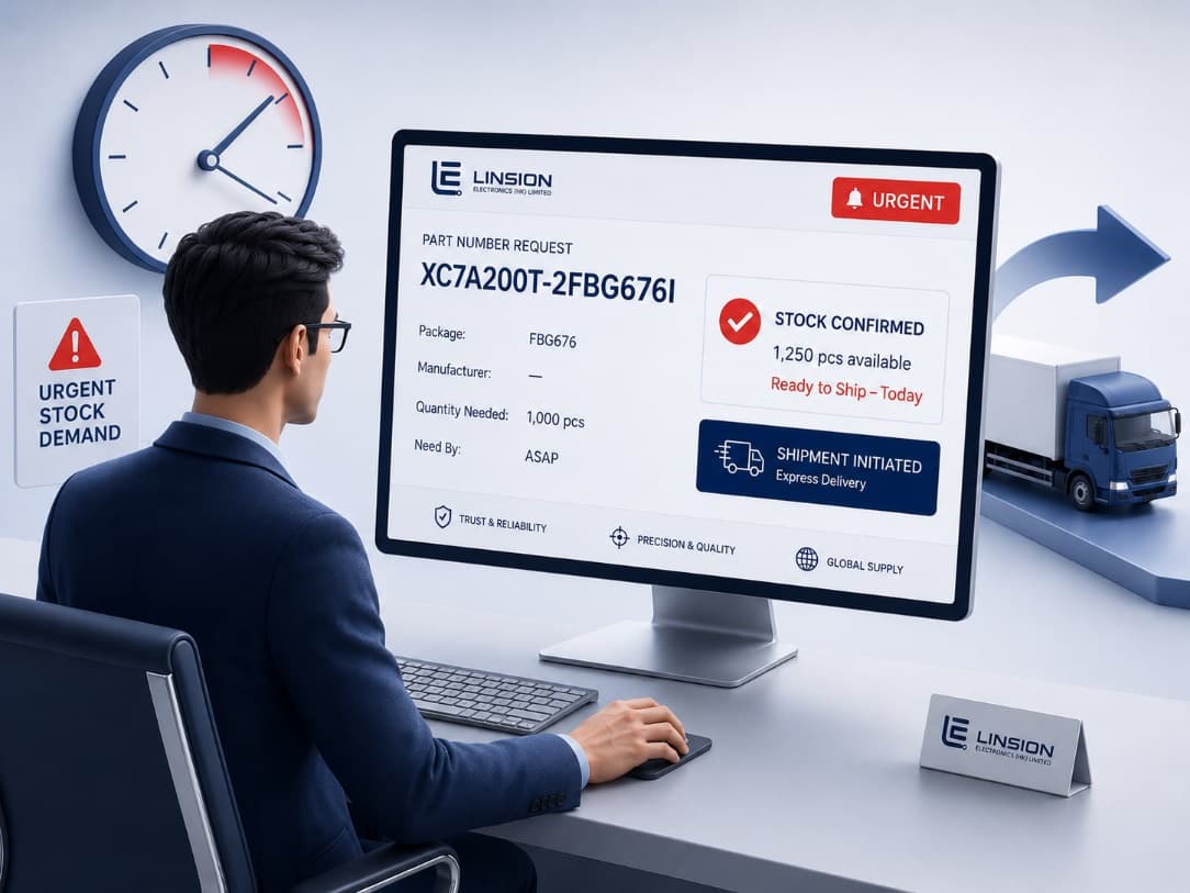 LINSION urgent stock request screen showing a confirmed part and express shipment.